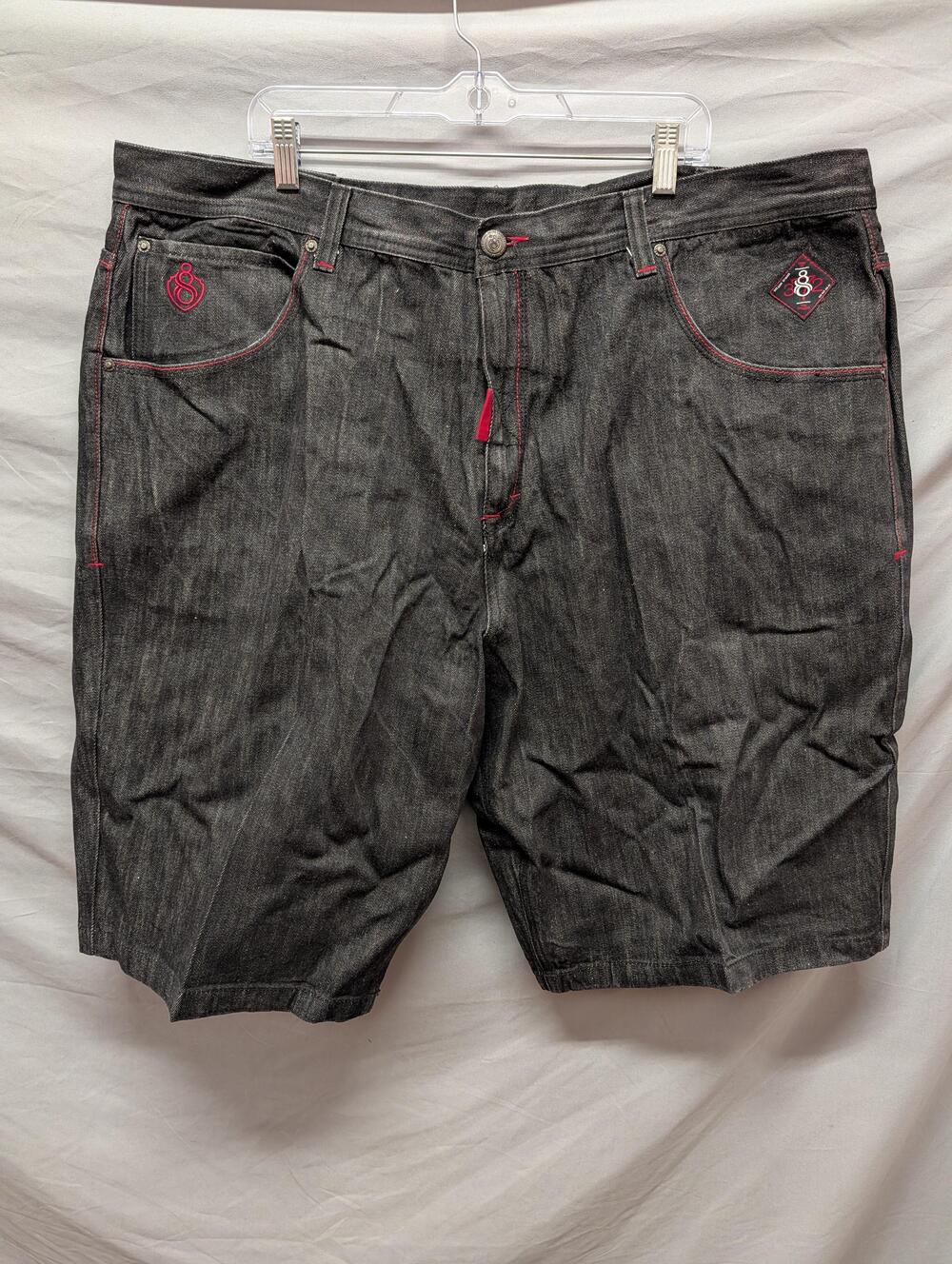 Eight 732 Shorts Mens 48 Black Denim Red Stitch Embroidered Shield Big & Tall